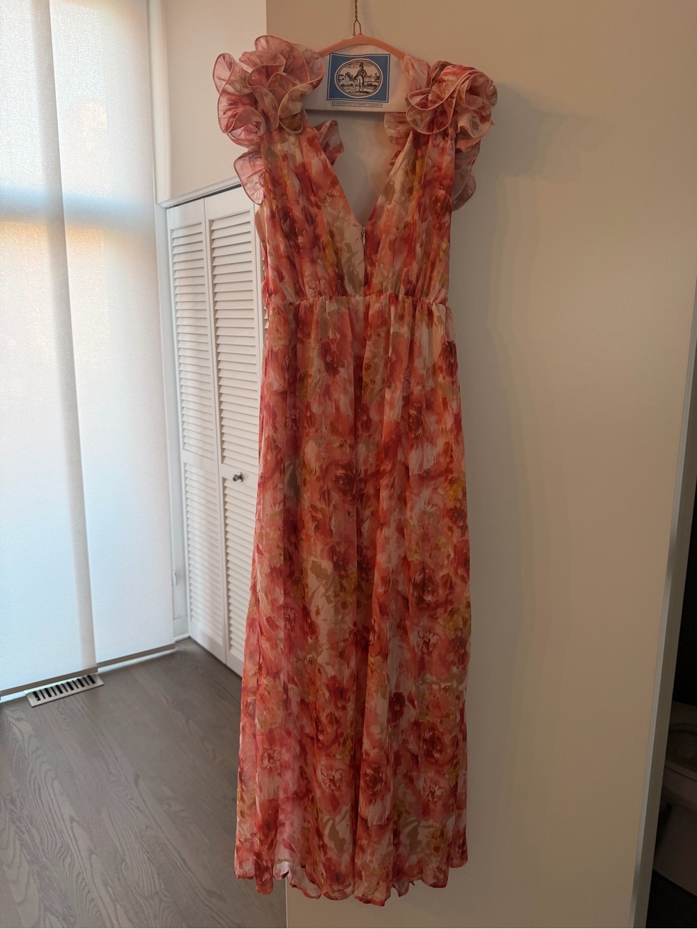 Floral Ruffled Strap Maxi Dress - Coral Pink - Picture 3 of 4